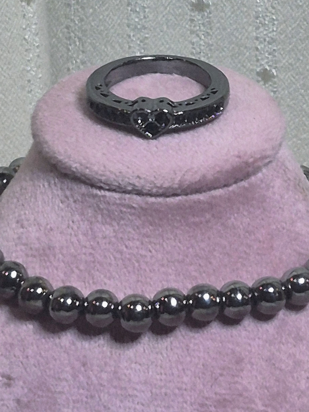 Gothic Black Heart Ring & Bead Bracelet Set (Ring Sz 6.75 / Bracelet 7"-8")